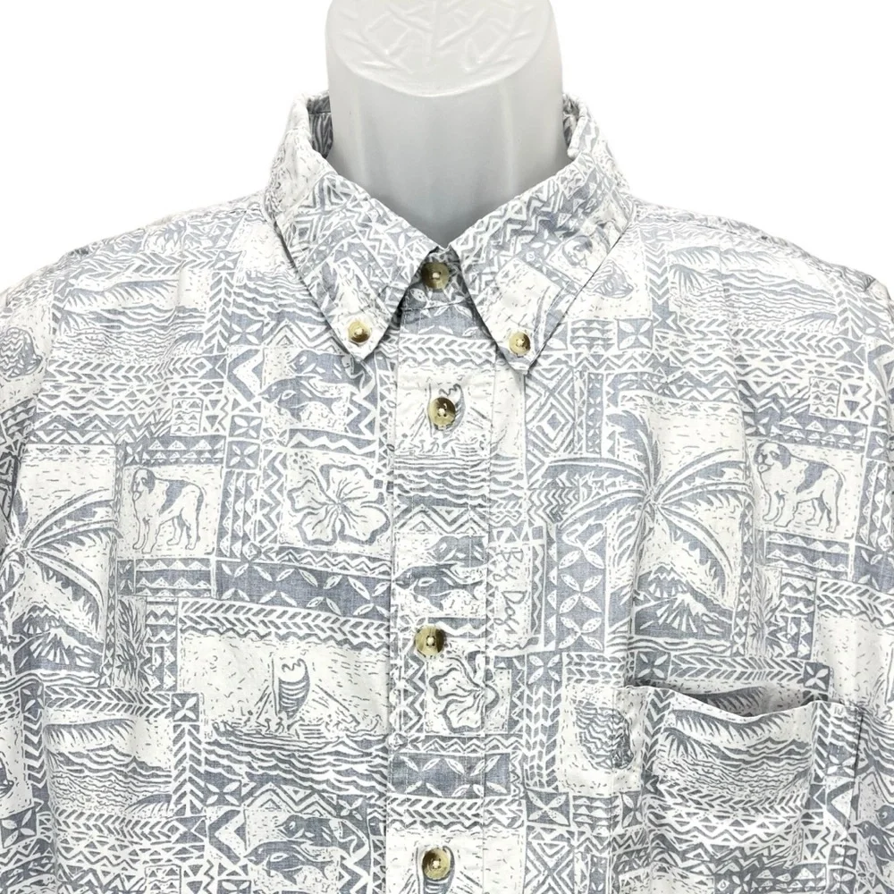 Big Dogs Men’s 2XL Blue White Hawaiian Aloha Shirt 100% Cotton Tropical